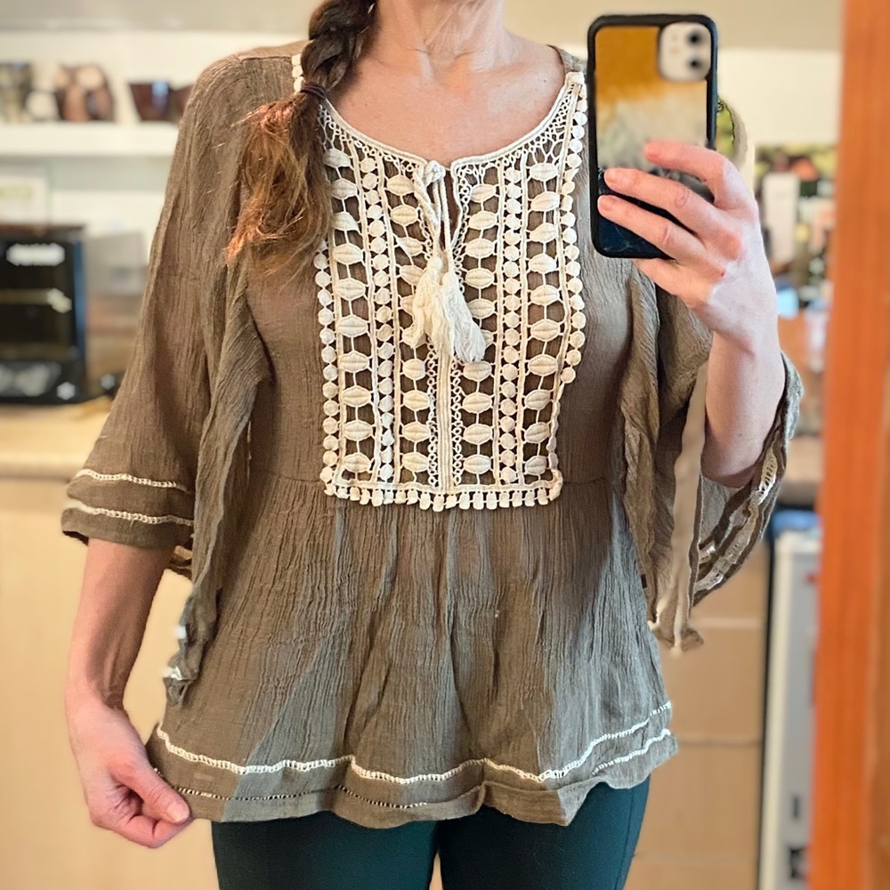 Beige bohemian top with white cream lace